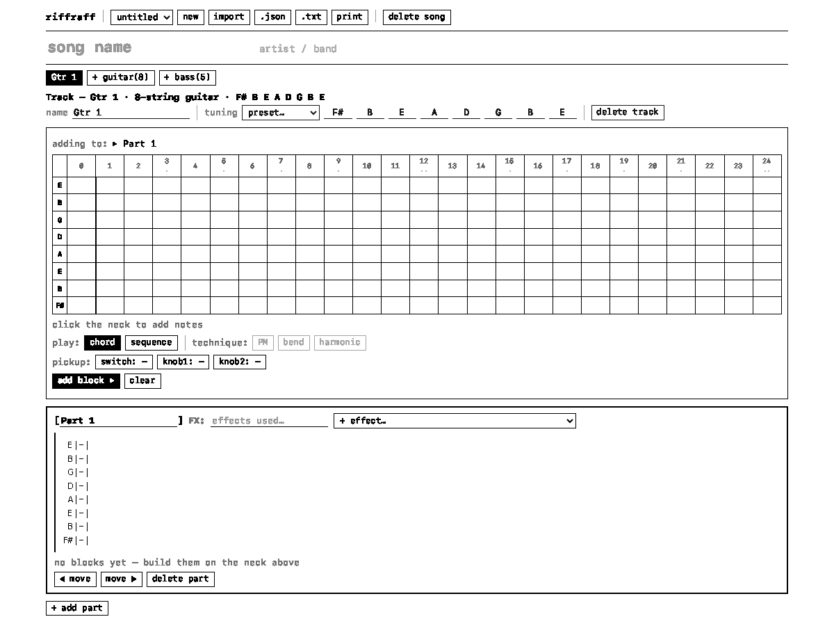 riffraff — a fast tab writer for weird tunings. Eight-string, five-string bass, strictly no color.