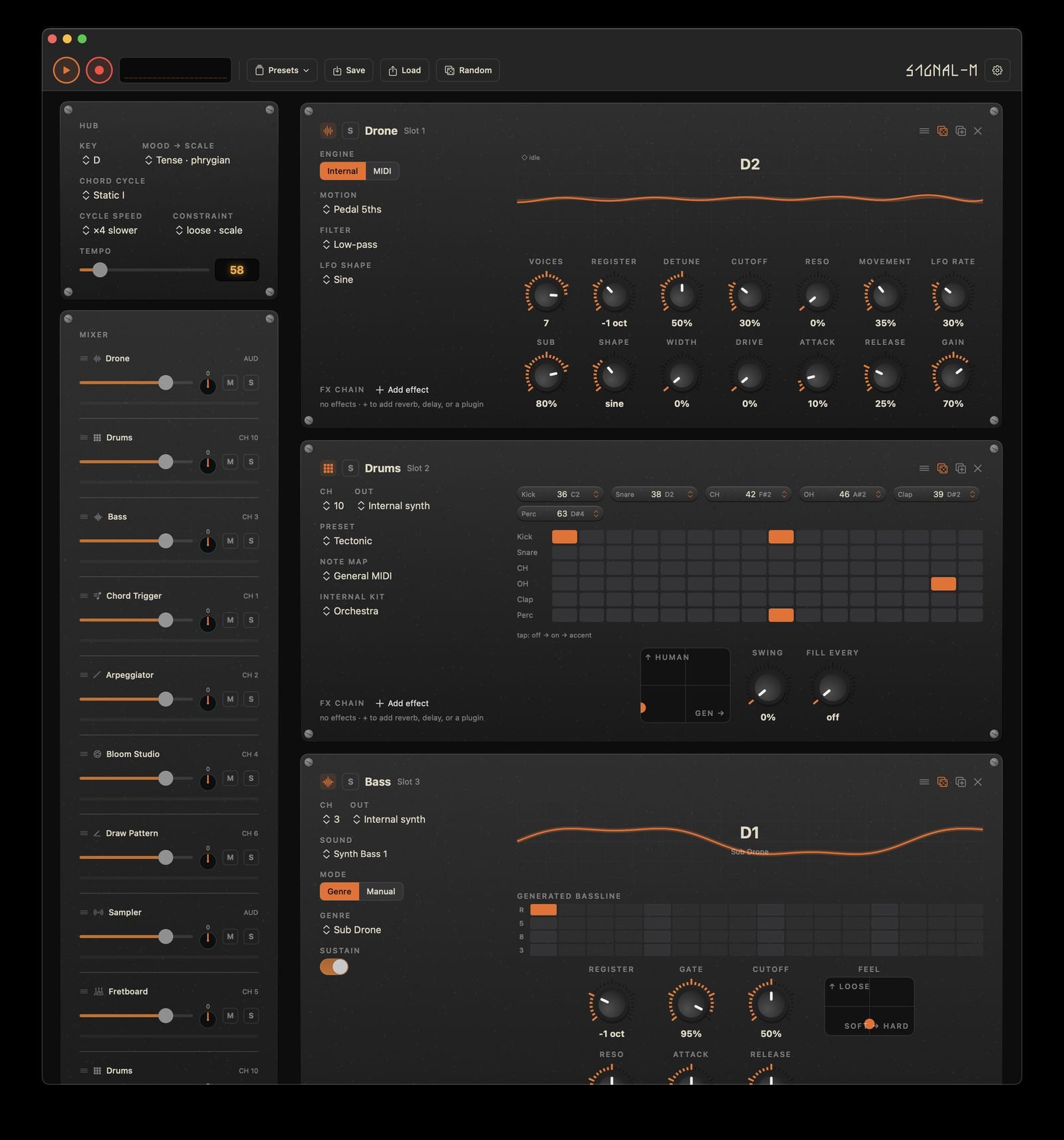 A generative music workstation for macOS. A shared musical hub — key, mood, chord cycle — keeps a whole rack of instruments (drums, chords, arps, bass, drones, a granular sampler, and infinite-pitch/tempo illusion modules) locked in harmony as they generate evolving patterns, played through the built-in synth or out to your MIDI gear and AU plugins.