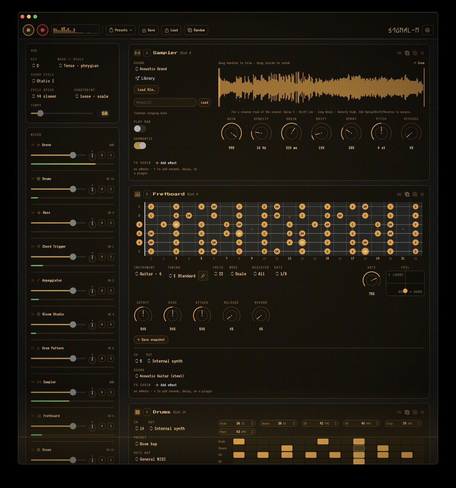 A generative music workstation for macOS. A shared musical hub — key, mood, chord cycle — keeps a whole rack of instruments (drums, chords, arps, bass, drones, a granular sampler, and infinite-pitch/tempo illusion modules) locked in harmony as they generate evolving patterns, played through the built-in synth or out to your MIDI gear and AU plugins.