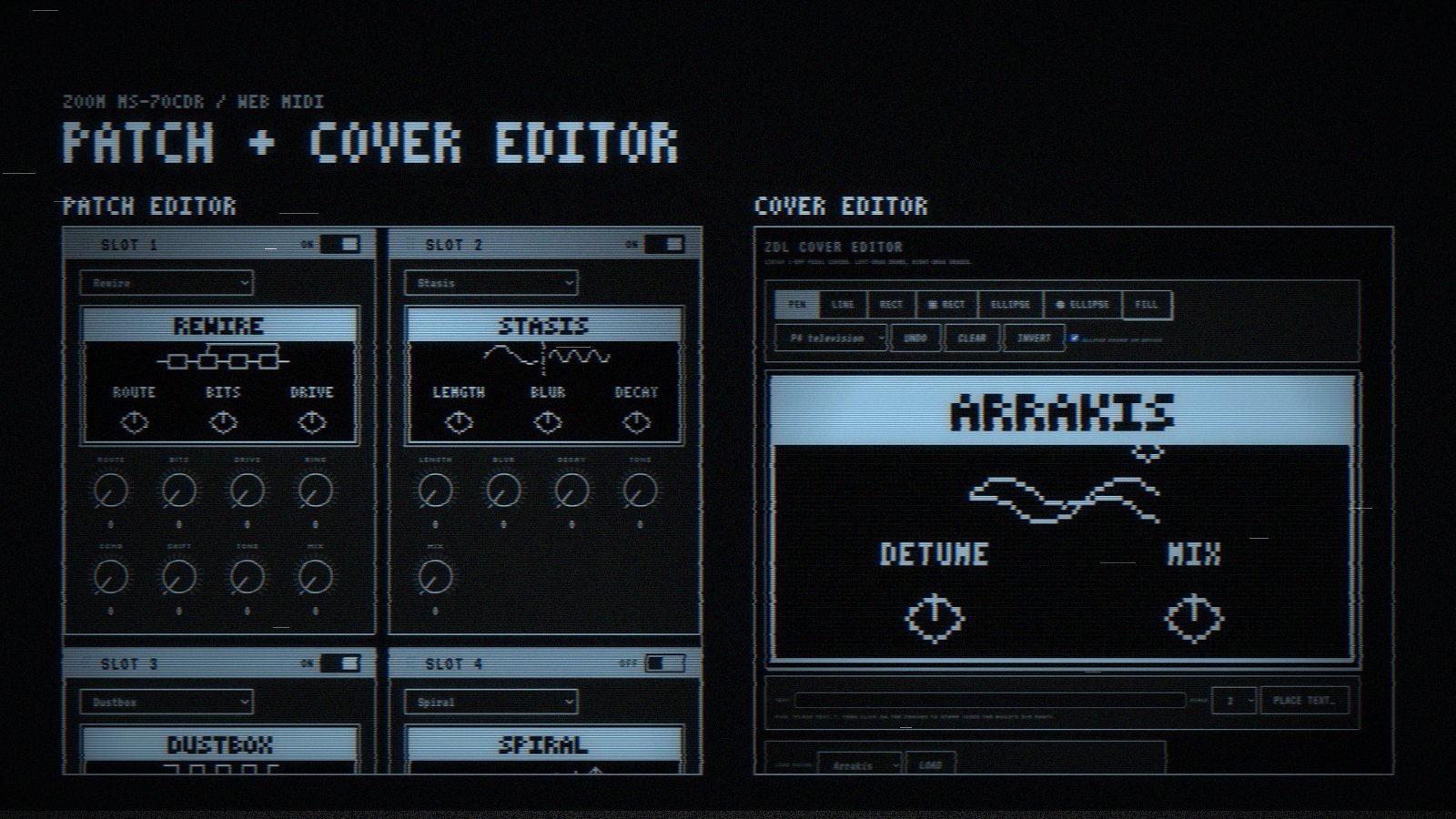 Twenty-one custom effects for a Zoom MS-70CDR — granular, glitch, lo-fi, weirdness — with a browser patch editor to load them onto the pedal and a cover editor to draw each one’s little pixel-art screen. On GitHub.