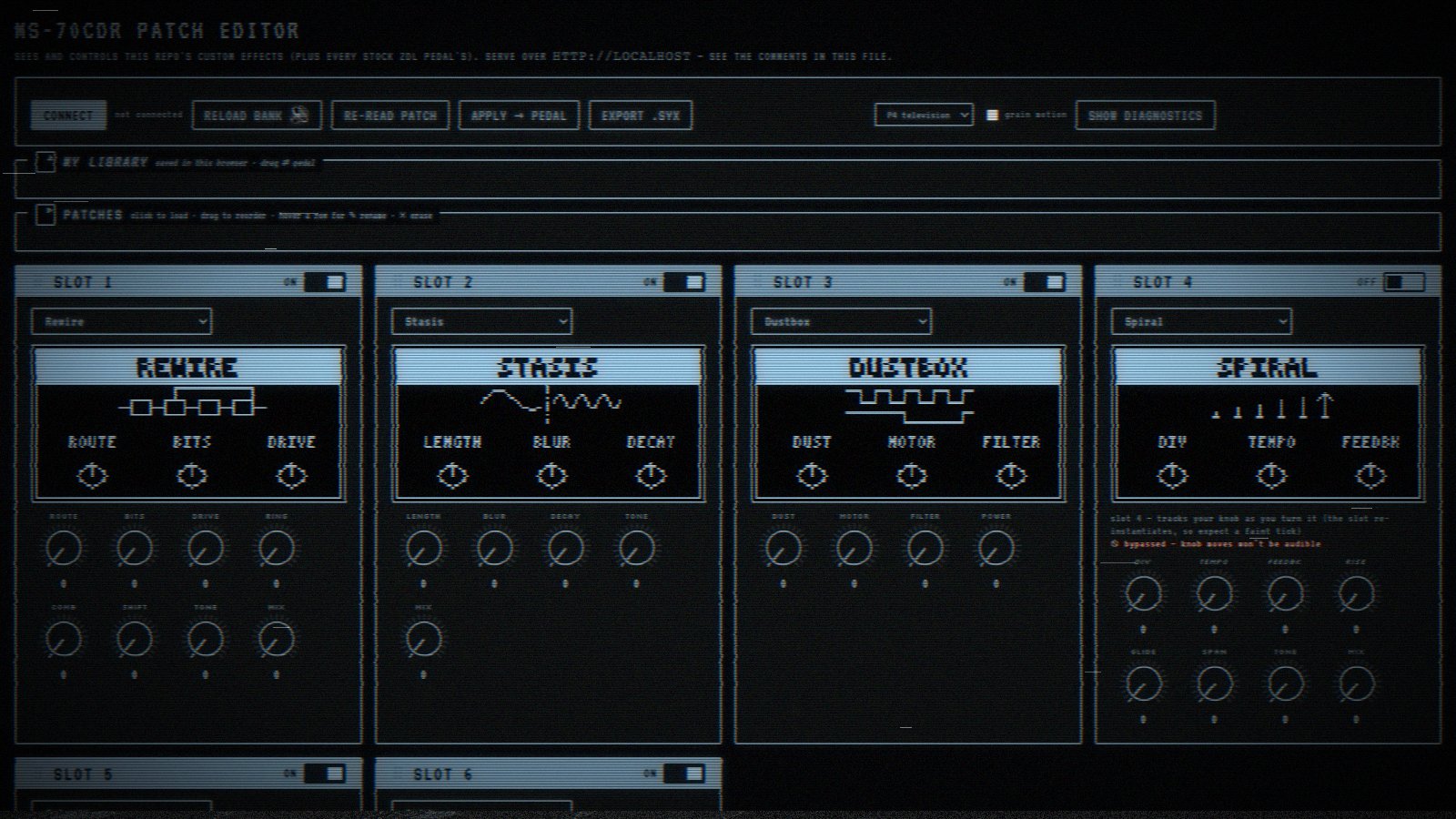 Twenty-one custom effects for a Zoom MS-70CDR — granular, glitch, lo-fi, weirdness — with a browser patch editor to load them onto the pedal and a cover editor to draw each one’s little pixel-art screen. On GitHub.