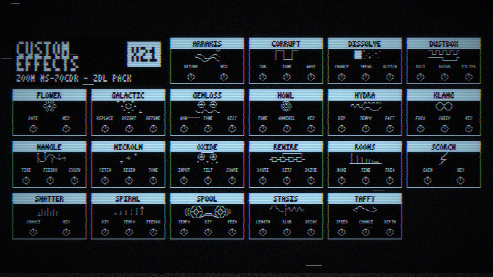 Twenty-one custom effects for a Zoom MS-70CDR — granular, glitch, lo-fi, weirdness — with a browser patch editor to load them onto the pedal and a cover editor to draw each one’s little pixel-art screen. On GitHub.